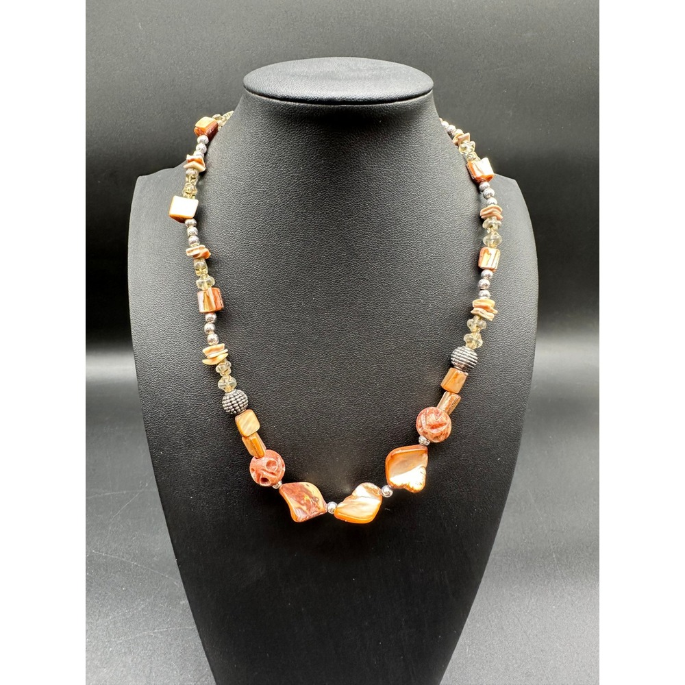 Artisan Coral Shell Stone Beaded‎ Necklace Orange 925 Clasp 17" Boho